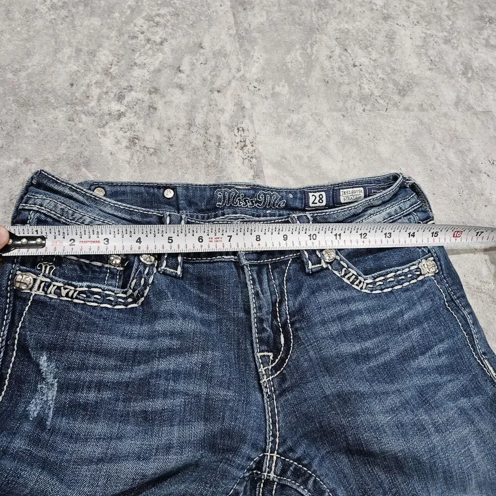 Miss Me Low Rise Distressed Denim Straight Jeans 28 Studded Flap Pockets Bling - Picture 7 of 12